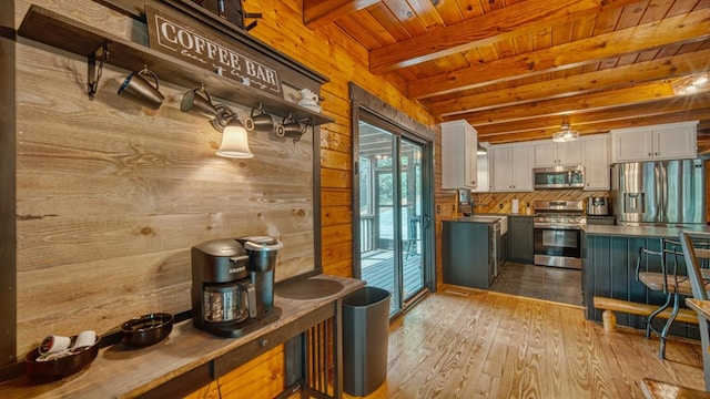 kitchen featuring appliances with stainless steel finishes, beamed ceiling, wooden walls, light hardwood / wood-style floors, and wooden ceiling