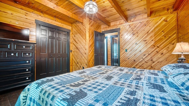 bedroom with wooden ceiling, beamed ceiling, and wooden walls