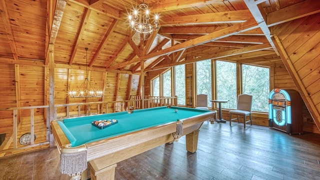 game room with dark wood-type flooring, wood walls, and wood ceiling