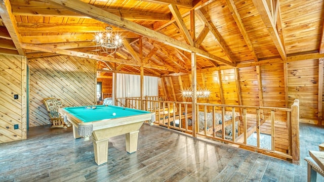 recreation room with wood walls, wooden ceiling, beam ceiling, and a chandelier