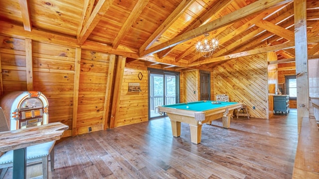 playroom featuring wood-type flooring, wooden ceiling, lofted ceiling with beams, and wooden walls