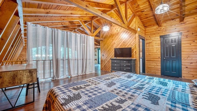 unfurnished bedroom with vaulted ceiling with beams, dark hardwood / wood-style flooring, wood ceiling, and wooden walls