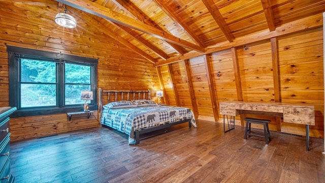 bedroom featuring wood ceiling, beamed ceiling, wood walls, and hardwood / wood-style floors