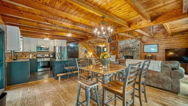 dining area with wooden ceiling, wooden walls, light hardwood / wood-style floors, a chandelier, and beamed ceiling