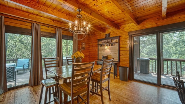 dining room with wood-type flooring, beamed ceiling, wooden walls, an inviting chandelier, and wooden ceiling