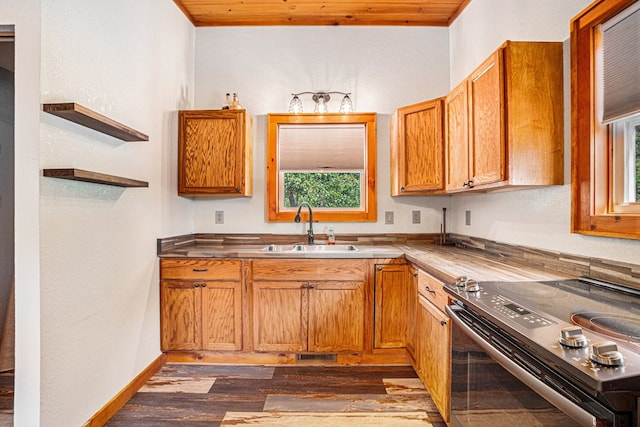 kitchen with a sink, black electric range, open shelves, brown cabinetry, and dark wood finished floors