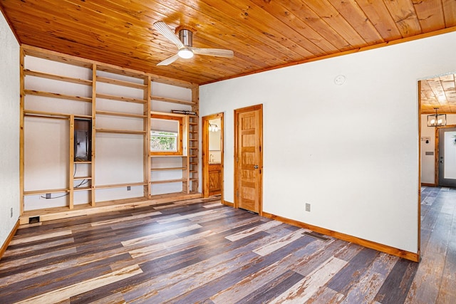 empty room with wooden ceiling, a ceiling fan, baseboards, and hardwood / wood-style flooring