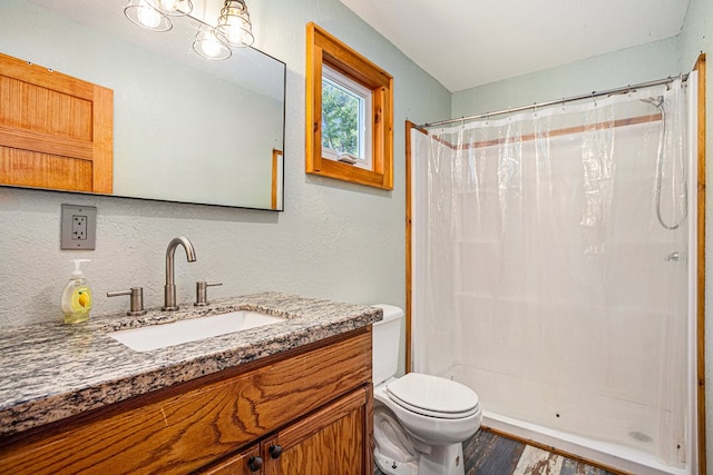 bathroom with toilet, vanity, a shower with shower curtain, and wood finished floors