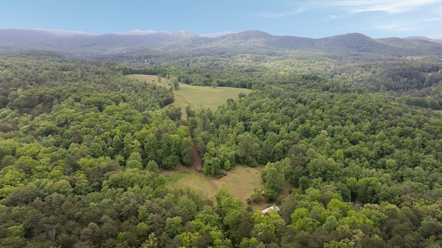 drone / aerial view of a heavily wooded area and a mountain backdrop