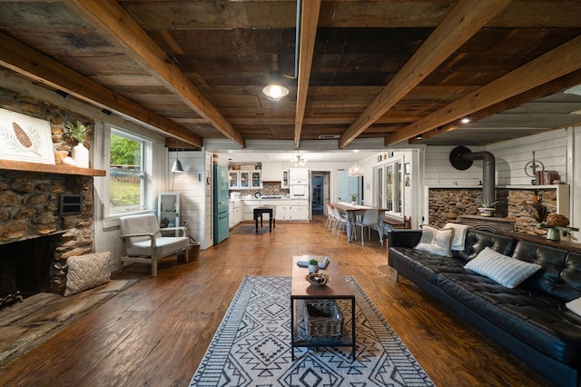 living area with a wood stove, dark wood-type flooring, beamed ceiling, and wood ceiling