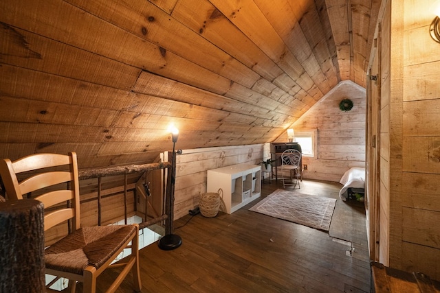 bonus room featuring vaulted ceiling, wood walls, dark wood-style flooring, and wood ceiling
