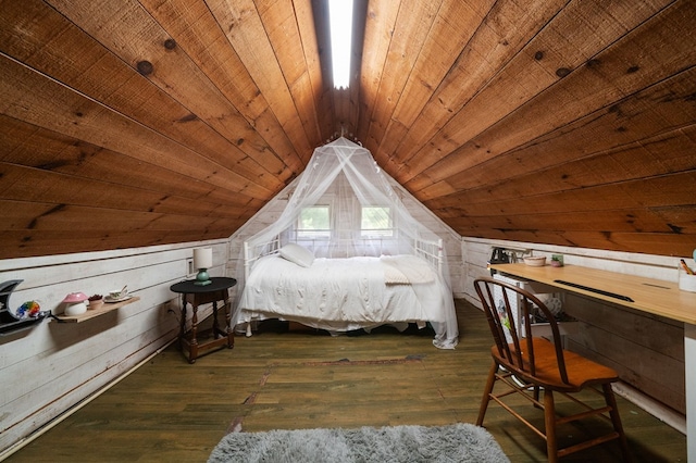 bedroom with dark wood-style floors, wood ceiling, wood walls, and vaulted ceiling