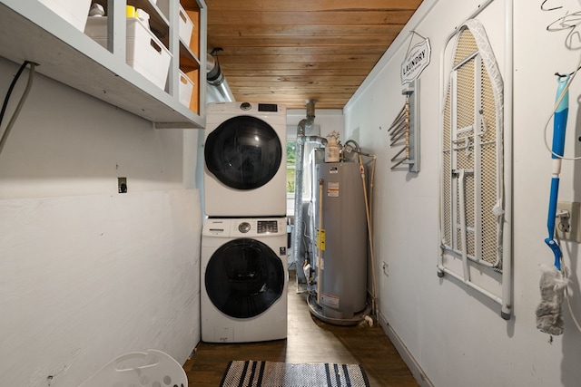 laundry room with water heater, stacked washing machine and dryer, wooden ceiling, and wood finished floors