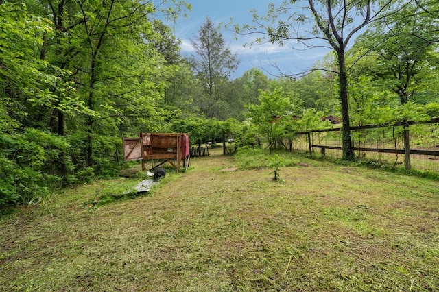 view of yard featuring a wooded view