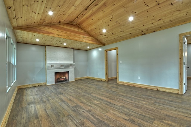 unfurnished living room featuring a fireplace, wood finished floors, baseboards, and recessed lighting