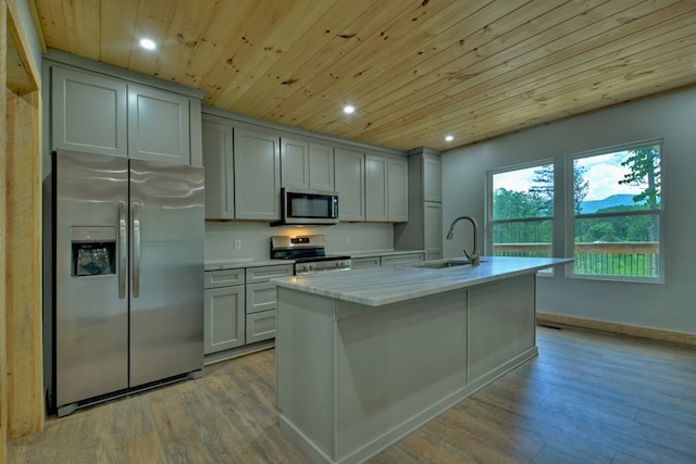 kitchen with wood ceiling, stainless steel appliances, light wood finished floors, and a sink