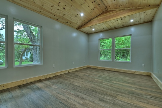 unfurnished room with lofted ceiling, plenty of natural light, wooden ceiling, and wood finished floors