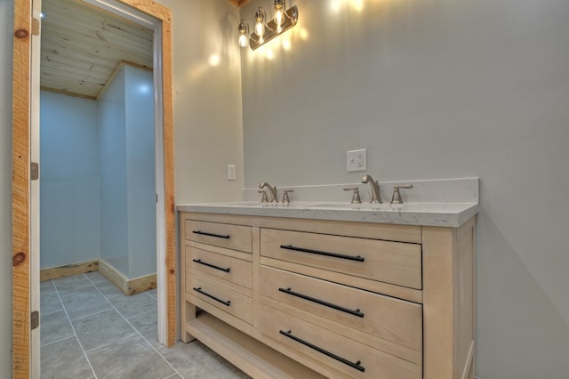 bathroom featuring double vanity, wood ceiling, baseboards, and a sink