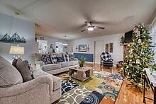 living room with ceiling fan and wood-type flooring