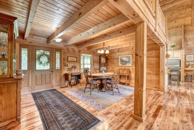 dining space featuring beam ceiling, light hardwood / wood-style floors, wooden ceiling, and wood walls