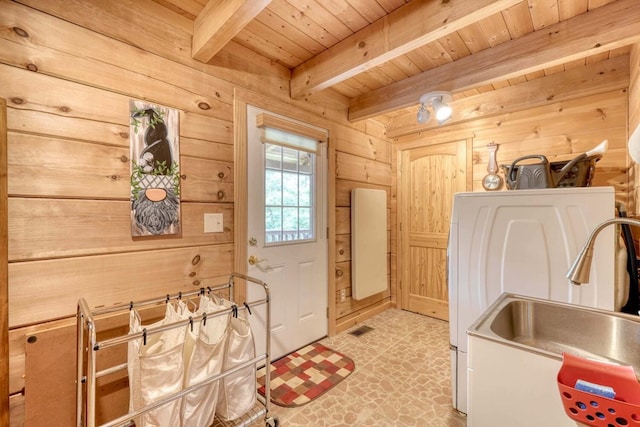 interior space with wooden walls, sink, and wooden ceiling