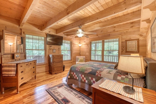 bedroom with wooden walls, beam ceiling, light hardwood / wood-style flooring, and wooden ceiling