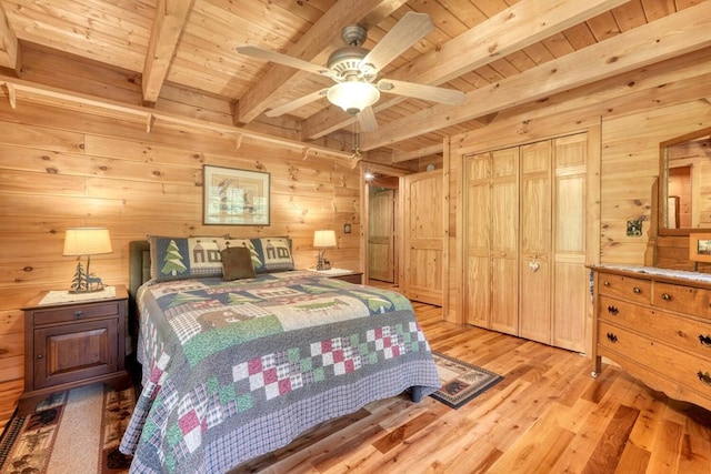 bedroom featuring beam ceiling, light hardwood / wood-style floors, wood ceiling, and wood walls