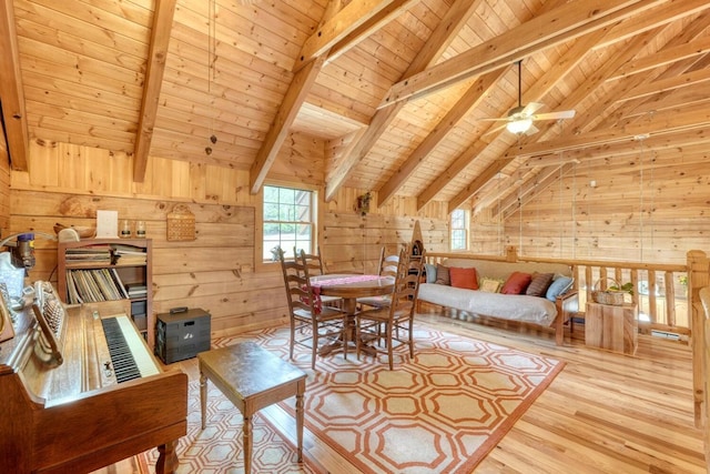 living area featuring wood ceiling, wooden walls, lofted ceiling with beams, and hardwood / wood-style flooring