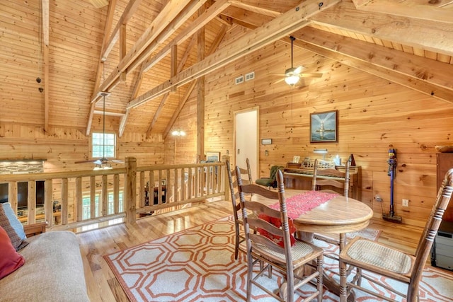 dining area with wood ceiling, ceiling fan, beam ceiling, wood walls, and light wood-type flooring