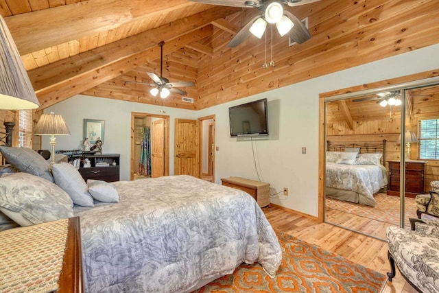 bedroom featuring wood ceiling, ceiling fan, lofted ceiling with beams, and light hardwood / wood-style flooring