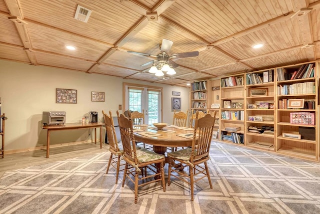 dining room with wooden ceiling and ceiling fan