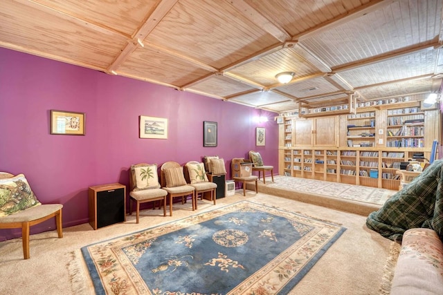 living area with wood ceiling and carpet floors