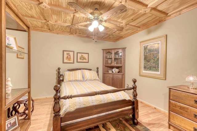 bedroom featuring ceiling fan, wood ceiling, and light wood-type flooring