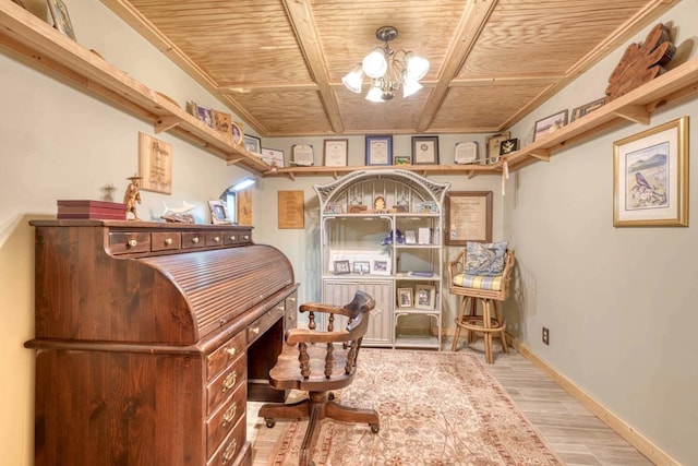 office space featuring hardwood / wood-style floors, wooden ceiling, and a chandelier