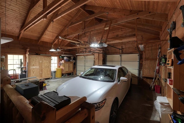 garage with a garage door opener, wooden ceiling, and wooden walls