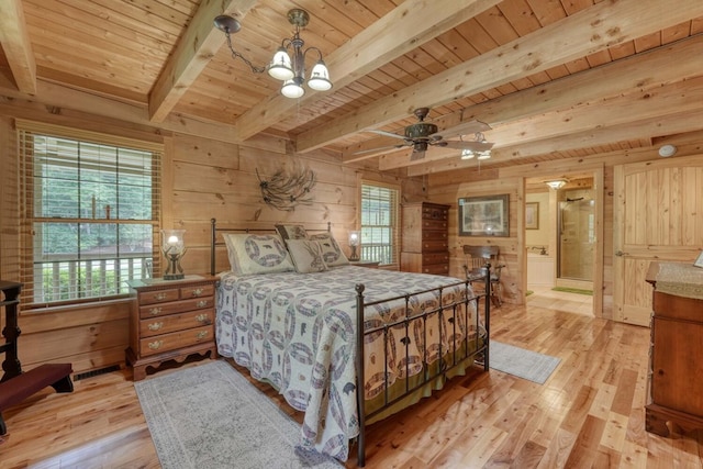 bedroom featuring wooden ceiling, light hardwood / wood-style floors, and wood walls