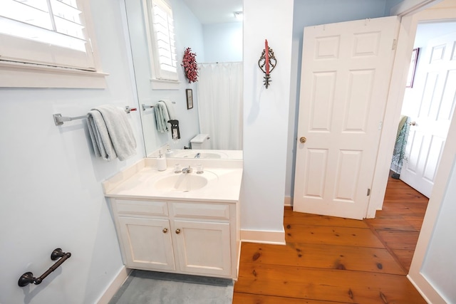 bathroom featuring vanity, curtained shower, and wood-type flooring