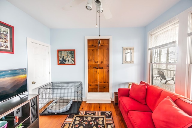 living room with wood-type flooring and ceiling fan