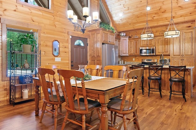 1172 Settlers Ridge Rd, Ellijay, GA 30540 - dining room with light wood-type flooring, healthy amount of natural light, high vaulted ceiling, wooden ceiling, and a chandelier