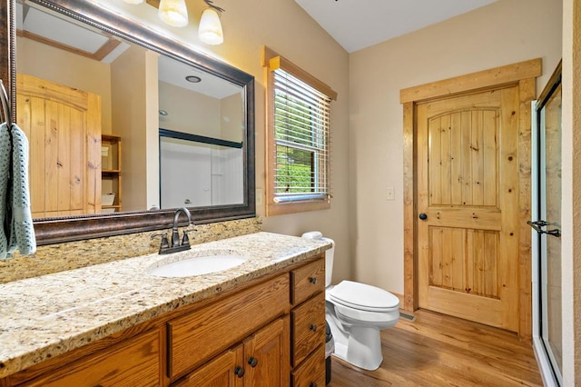 1172 Settlers Ridge Rd, Ellijay, GA 30540 - bathroom featuring wood finished floors, vanity, toilet, and a shower with door