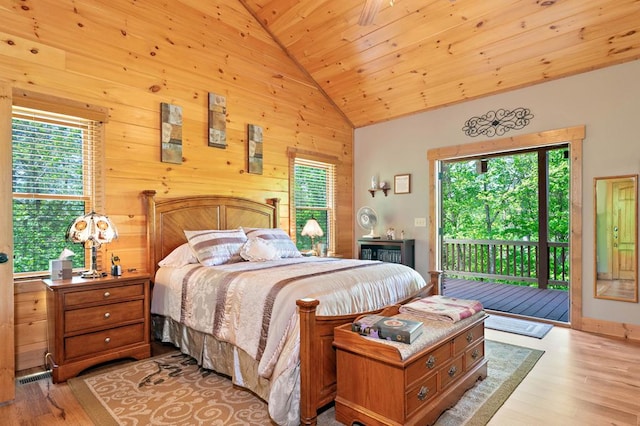 1172 Settlers Ridge Rd, Ellijay, GA 30540 - bedroom with access to outside, multiple windows, light wood-style flooring, wooden ceiling, and high vaulted ceiling