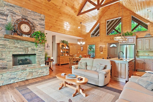 1172 Settlers Ridge Rd, Ellijay, GA 30540 - living area featuring a chandelier, high vaulted ceiling, light wood-style floors, wood walls, and wood ceiling