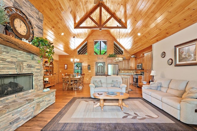1172 Settlers Ridge Rd, Ellijay, GA 30540 - living room with light wood-style floors, a stone fireplace, wood ceiling, a chandelier, and high vaulted ceiling