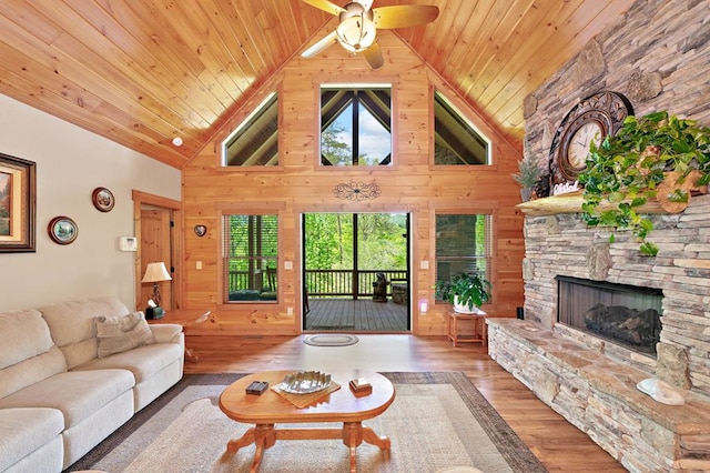 1172 Settlers Ridge Rd, Ellijay, GA 30540 - living area with wooden ceiling, a fireplace, wood finished floors, a ceiling fan, and high vaulted ceiling