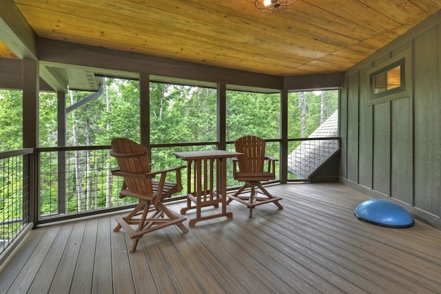 sunroom featuring wooden ceiling