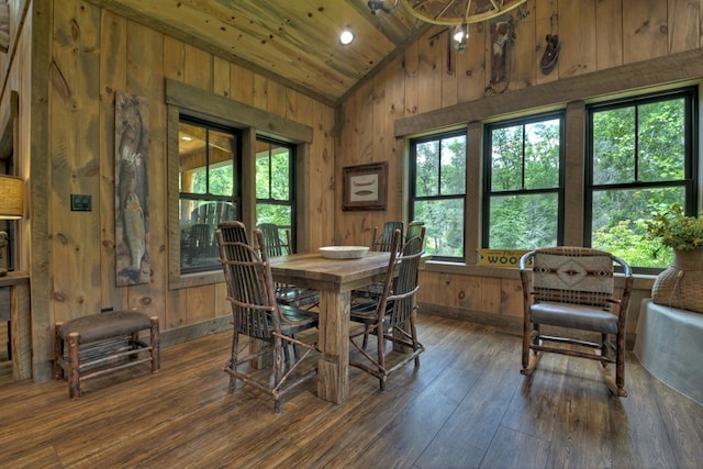 dining space featuring wood ceiling, lofted ceiling, wooden walls, and dark hardwood / wood-style flooring