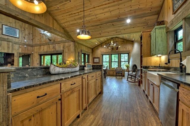 kitchen with pendant lighting, sink, stainless steel dishwasher, and wooden ceiling