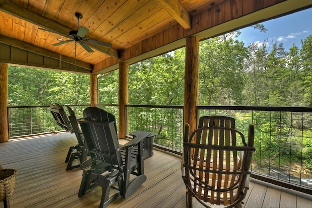 sunroom featuring wood ceiling, ceiling fan, lofted ceiling, and a wealth of natural light