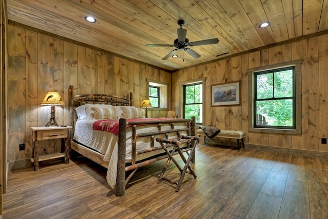 bedroom with dark wood-type flooring, wood ceiling, and wood walls