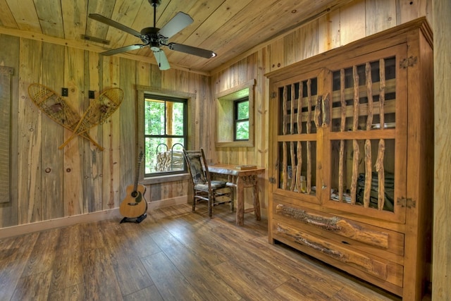 sitting room featuring dark hardwood / wood-style floors, wooden ceiling, ceiling fan, and wood walls